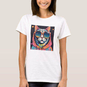 Camiseta Neo cat. Vestindo óculos de sol neon no estilo ret