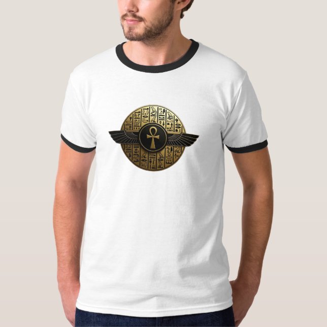 Camiseta NeoAnkh 3D Golden Winged Ankh & Hieroglyphs (Frente)