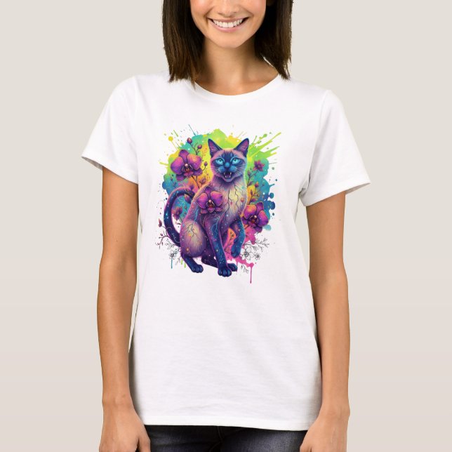 Camiseta Neon Cat Fantasy Floral Art (Frente)