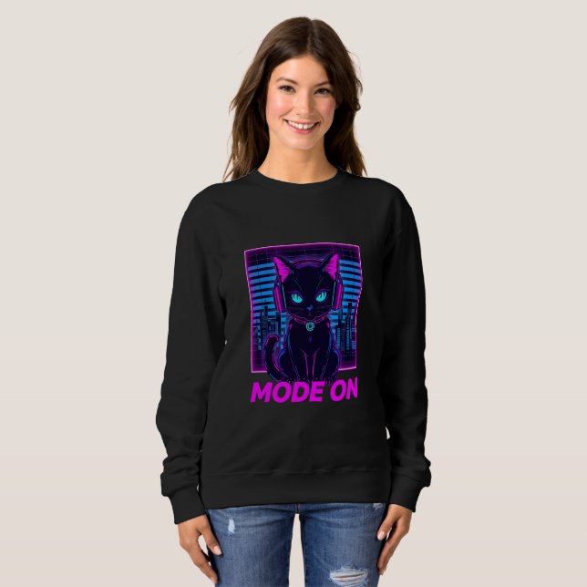 Camiseta Neon Cat Mode ON - Cyberpunk Gamer Hoodie & T - (Frente Completa)
