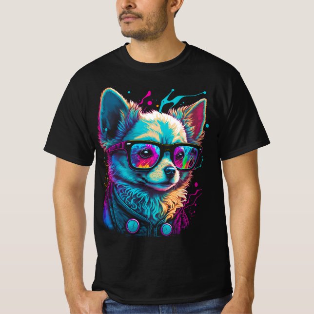 Camiseta Neon Chihuahua no Cão Psicodélico Legal aos óculos (Frente)