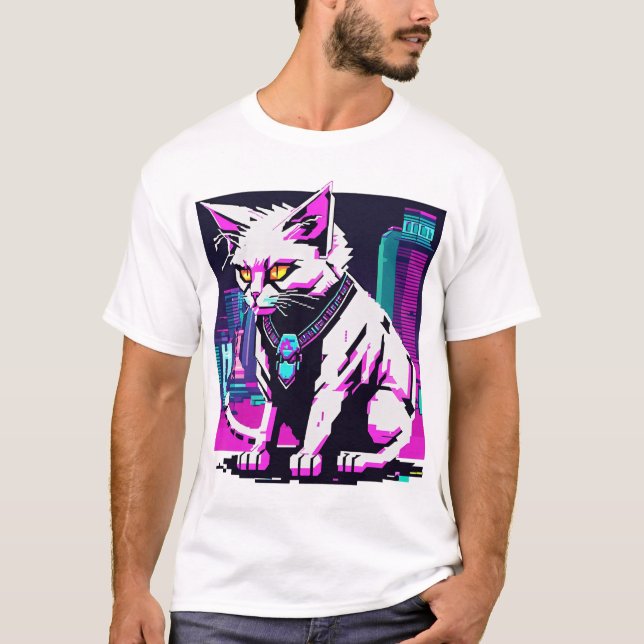 Camiseta Neon City Cyberpunk Cat (Frente)