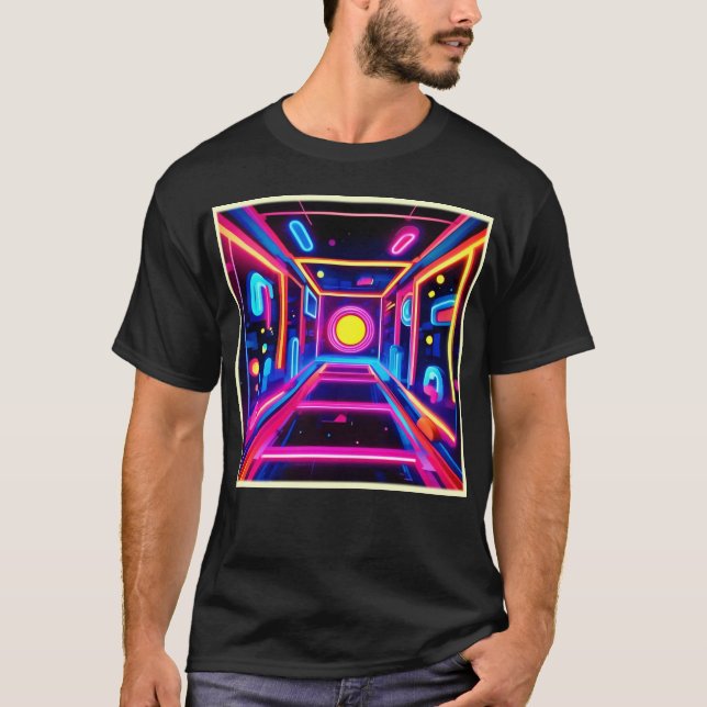 Camiseta Neon Corridor: Uma Odisseia Digital (Frente)