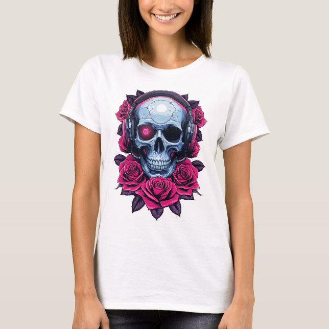 Camiseta Neon Cyber Death Skull e Rosa White (Frente)