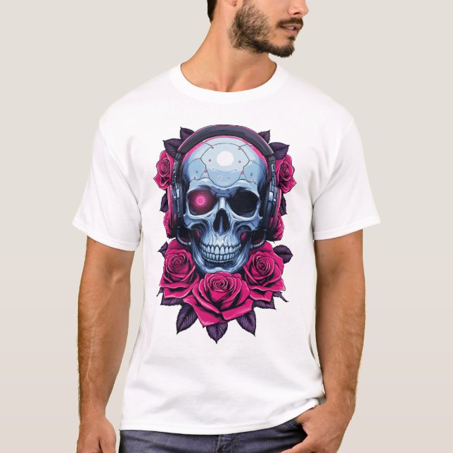 Camiseta Neon Cyber Death Skull e Rosa White (Frente)