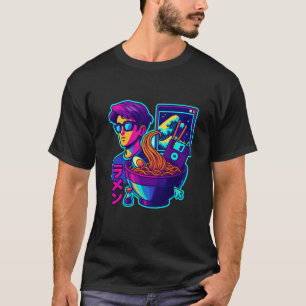 Camiseta Neon Cyber Ramen - Vaporwave - Arte Estética Retro