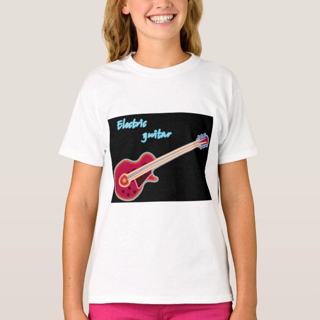 Camiseta Neon Electric Guitar Retro 80s Rock Music (Frente)