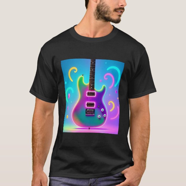 Camiseta Neon Electric Guitar - Retro Synthwave Music Art (Frente)