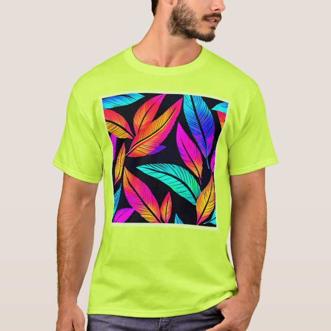 Camiseta Neon Feather Pattern Vibrant Art (Frente)
