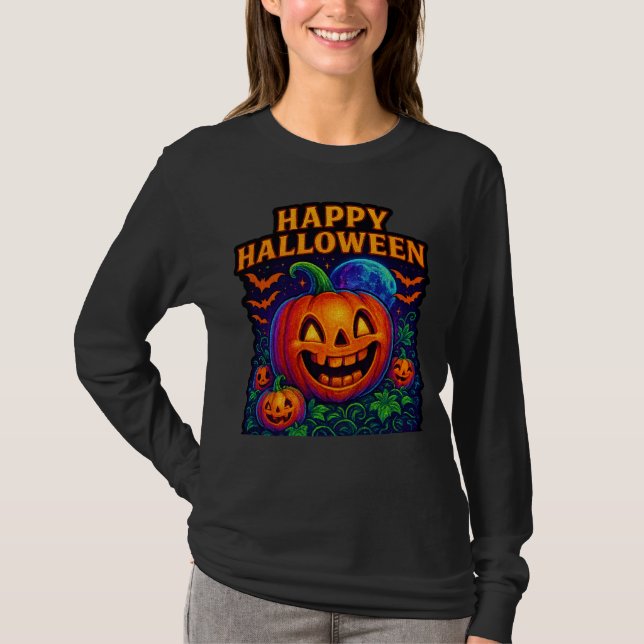 Camiseta Neon Glow Pumpkin "Happy Halloween" (Frente)