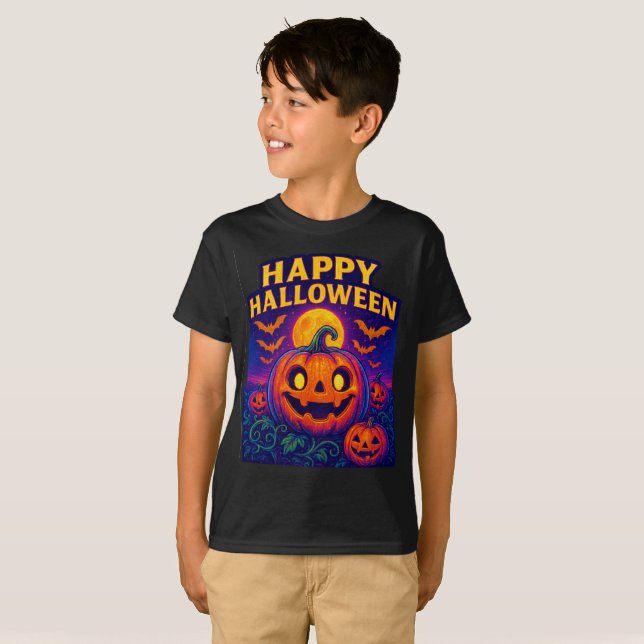 Camiseta Neon Glow Pumpkin "Happy Halloween" (Frente Completa)