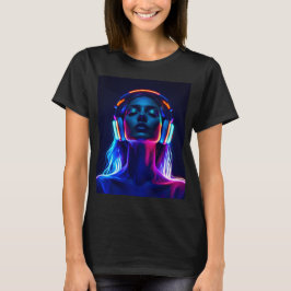 Camiseta Neon Music Meditation – Mulher com Fones de Ouvido