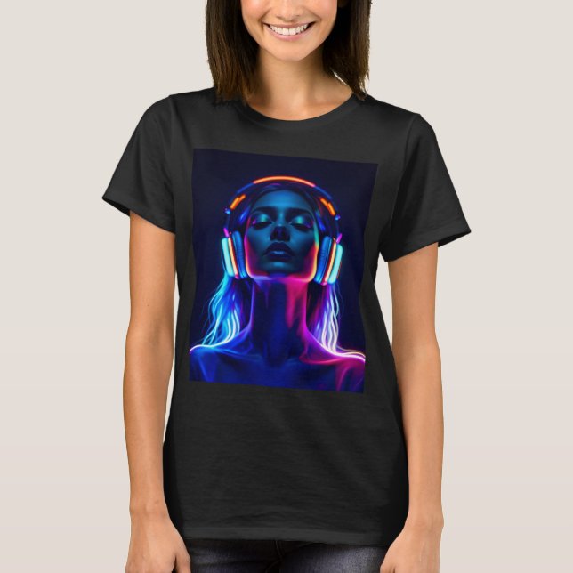 Camiseta Neon Music Meditation – Woman with Headphones Art (Frente)