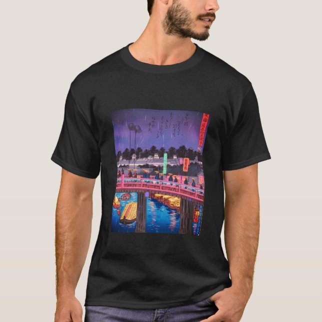 Camiseta Neon Night Edo: Cyberpunk Nihonbashi & Mount Fuji (Frente)