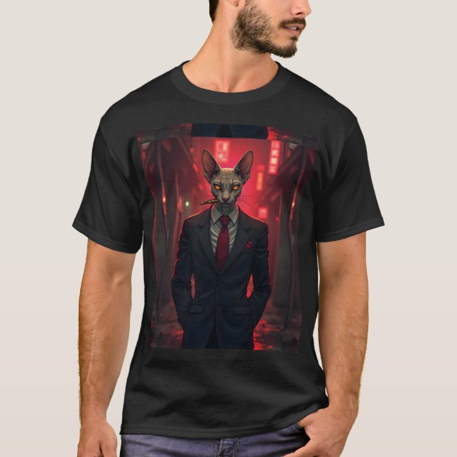 Camiseta Neon Noir Sphynx Cat in Mafia Style (Frente)