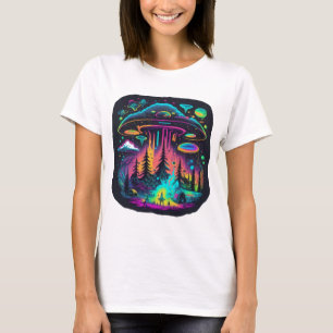 Camiseta Neon OVNI e Alienígena Cena Psicodélica