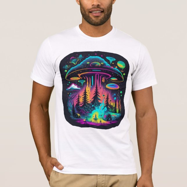 Camiseta Neon OVNI e Alienígena Cena Psicodélica (Frente)