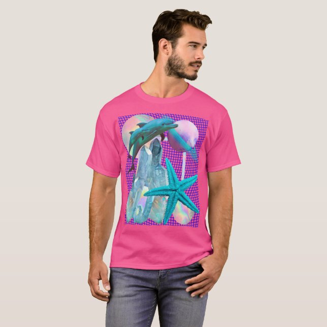 Camiseta Neon Pink Vaporwave/ Seapunk Aestético, Golfinho (Frente Completa)