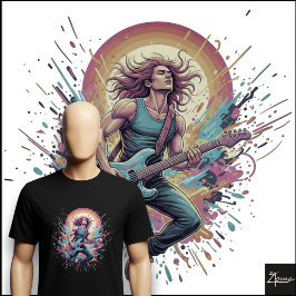 Camiseta Neon Rock Guitarist Jumping Paint Splatter