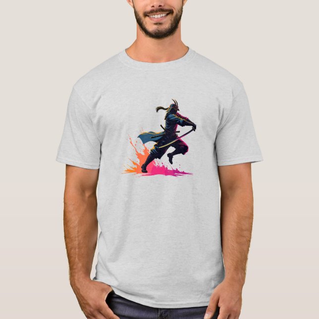 Camiseta Neon Samurai Warrior em Ação - Arte Retroativa (Frente)