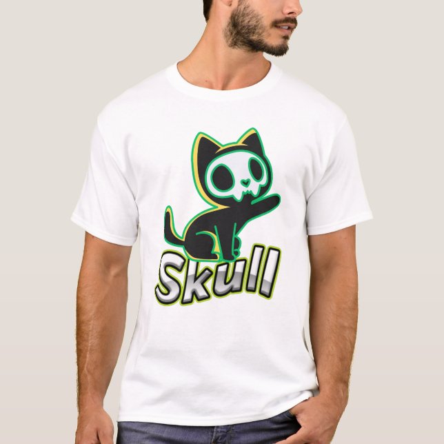 Camiseta Neon Skull Cat Kawaii Gothic Art (Frente)