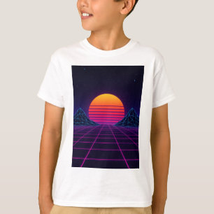 Camiseta Neon Sunset Grid - Stic De Onda Sintética Retro-Fu