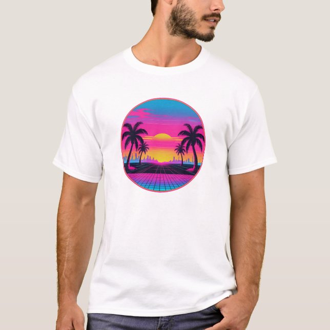 Camiseta Neon Sunset Synthwave - Design estético retroativo (Frente)