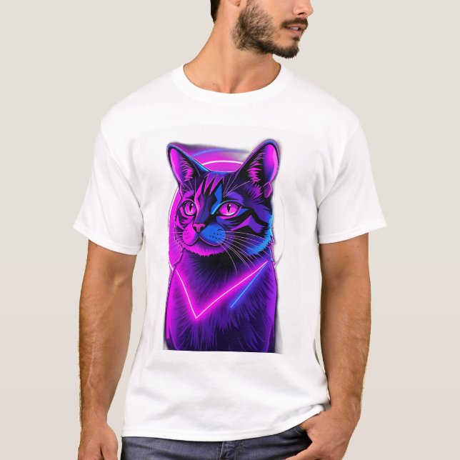Camiseta Neon Synthwave Cat Art (Frente)