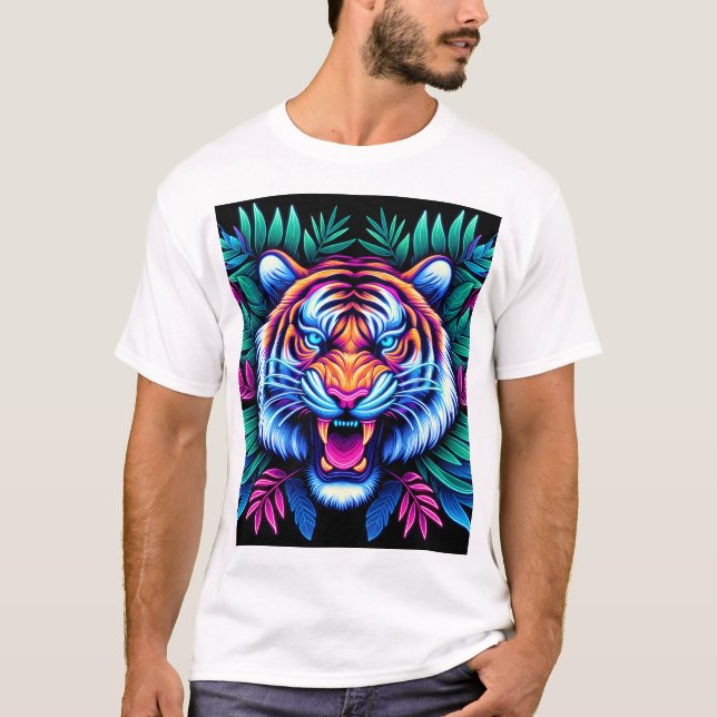 Camiseta Neon Tiger e folhas da selva (Frente)