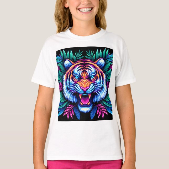 Camiseta Neon Tiger e folhas da selva (Frente)