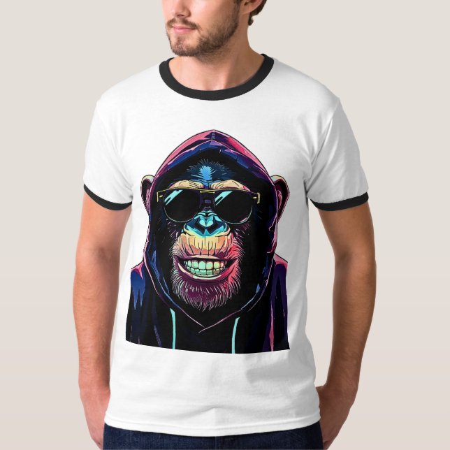 Camiseta Neon Vibe – Stylish Chimpanzee in Hoodie and Sungl (Frente)