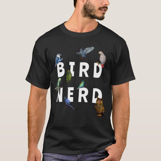 Camiseta Nerd, papagaios, coruja, pombos, kookaburra (Frente)