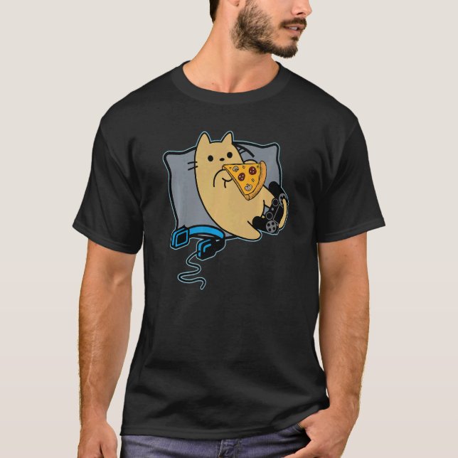 Camiseta Nerdy Pizza Eating Gamer Cat Game Paused (Frente)