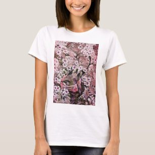 CAMISETA NESTE DE PÁSSAROS, FLORES DE PRIMAVERA BRANCA DE 