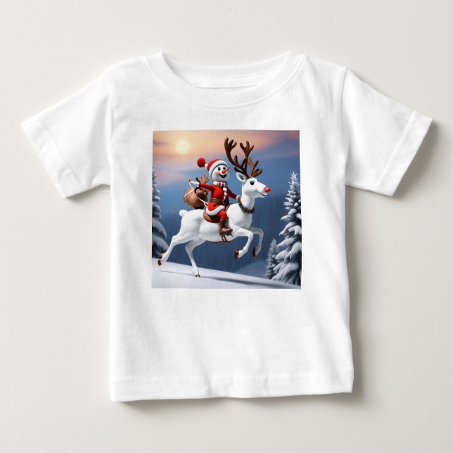 Camiseta Neve cavalgando uma rena design de Natal bonito (Frente)