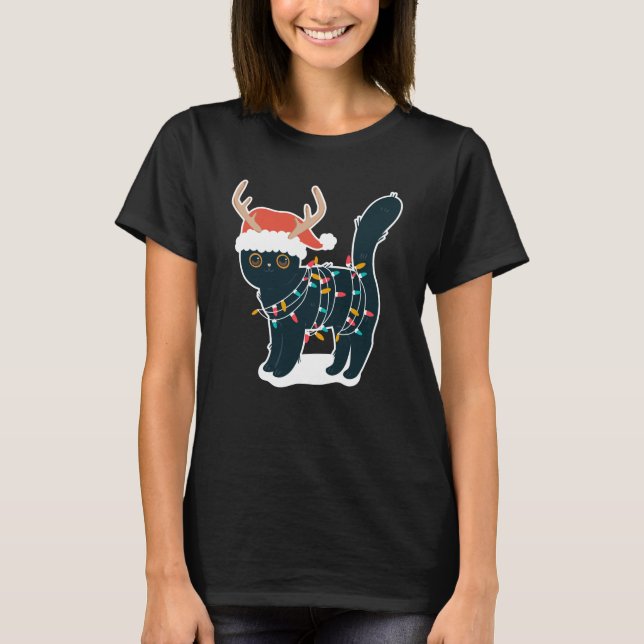 Camiseta Névoa Negra Gato Luzes De Natal Engraçadas (Frente)