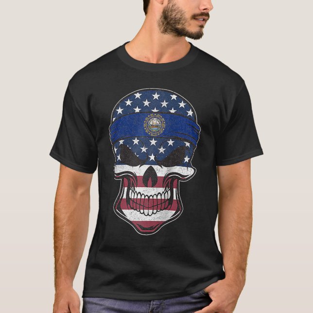 Camiseta New Hampshire American Flag Skull State Flag Root (Frente)