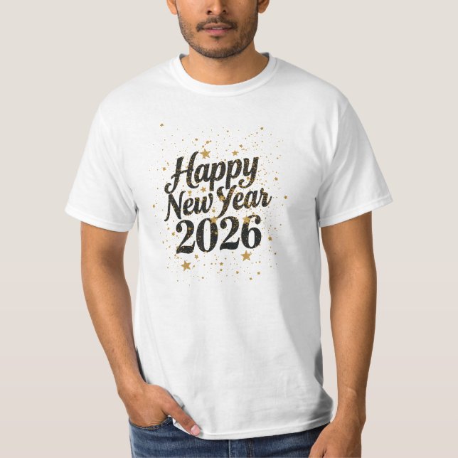 Camiseta New Year 2026 Gold Glitter Script Celebration (Frente)