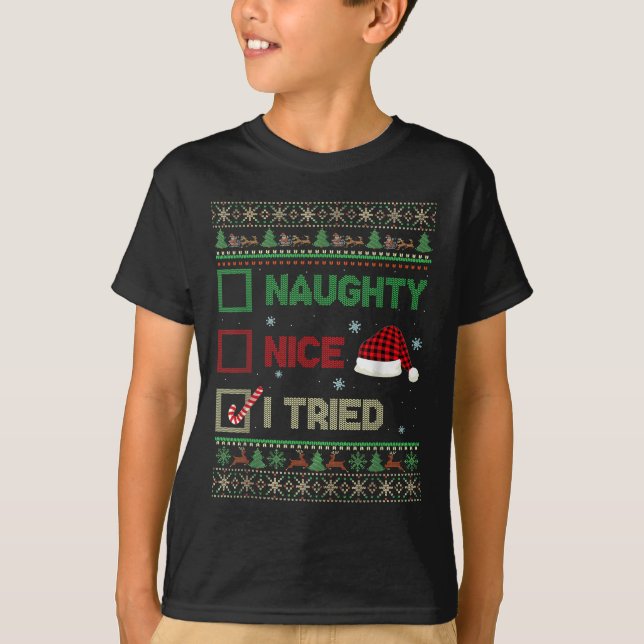 Camiseta Nice Naughty I Tried Ugly Sweater Red Plaid Christ (Frente)