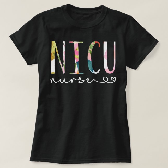 Camiseta NICU Enfermeira ICU Design Floral Cuta NICU Enferm (Frente do Design)