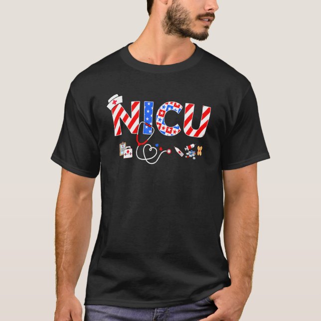Camiseta Nicu Enfermeira Stethoscope Memorial Dia 4 de julh (Frente)