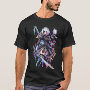 Camiseta NieR Automata 2B Vaporwave Neon Texto Japonês Sobr