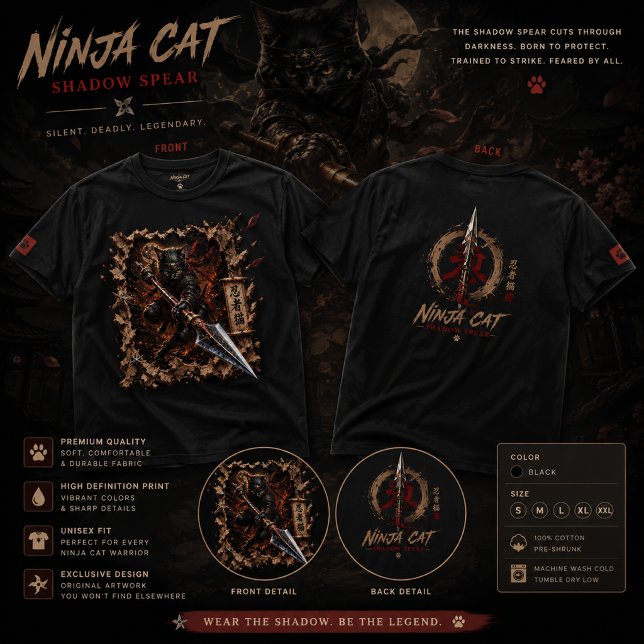 Camiseta Ninja Cat Shadow Spear – Guerreiro 3D Pop (Criador carregado)