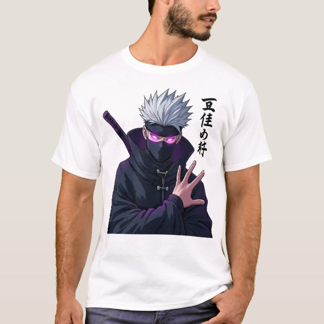 Camiseta Ninja de Cabelo Branco misterioso com olhos brilha (Frente)