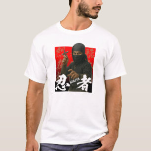 Camiseta Ninja em preto com Kanji e plano de fundo vermelho