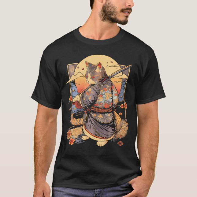 Camiseta Ninja Ukiyo-E Anime Samurai Cat (Frente)