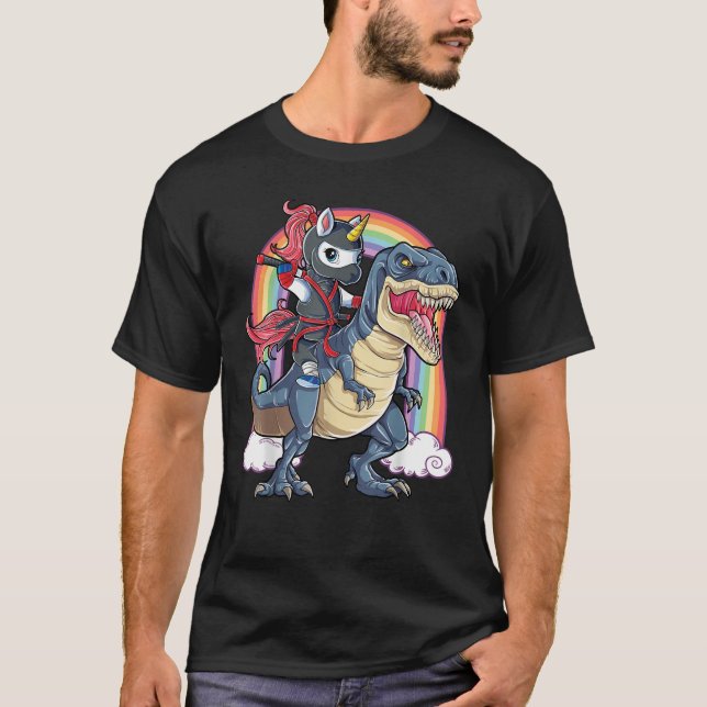 Camiseta Ninja Unicorn Andando Dinossauro T rex (Frente)