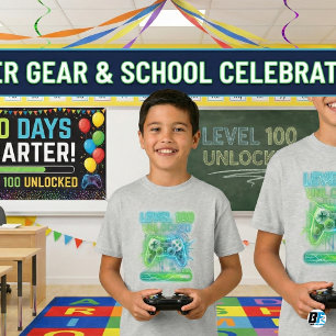Camiseta Nível 100 Desbloqueado Gamer 100º Dia de Escola