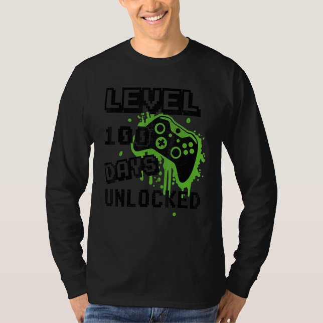 Camiseta Nível 100 dias de escola desbloqueada retrô 8 bits (Frente)
