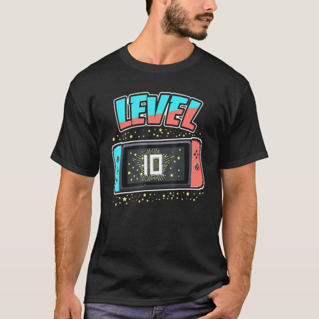 Camiseta Nível 10 Aniversário Garoto De 10 Anos Videos game (Frente)